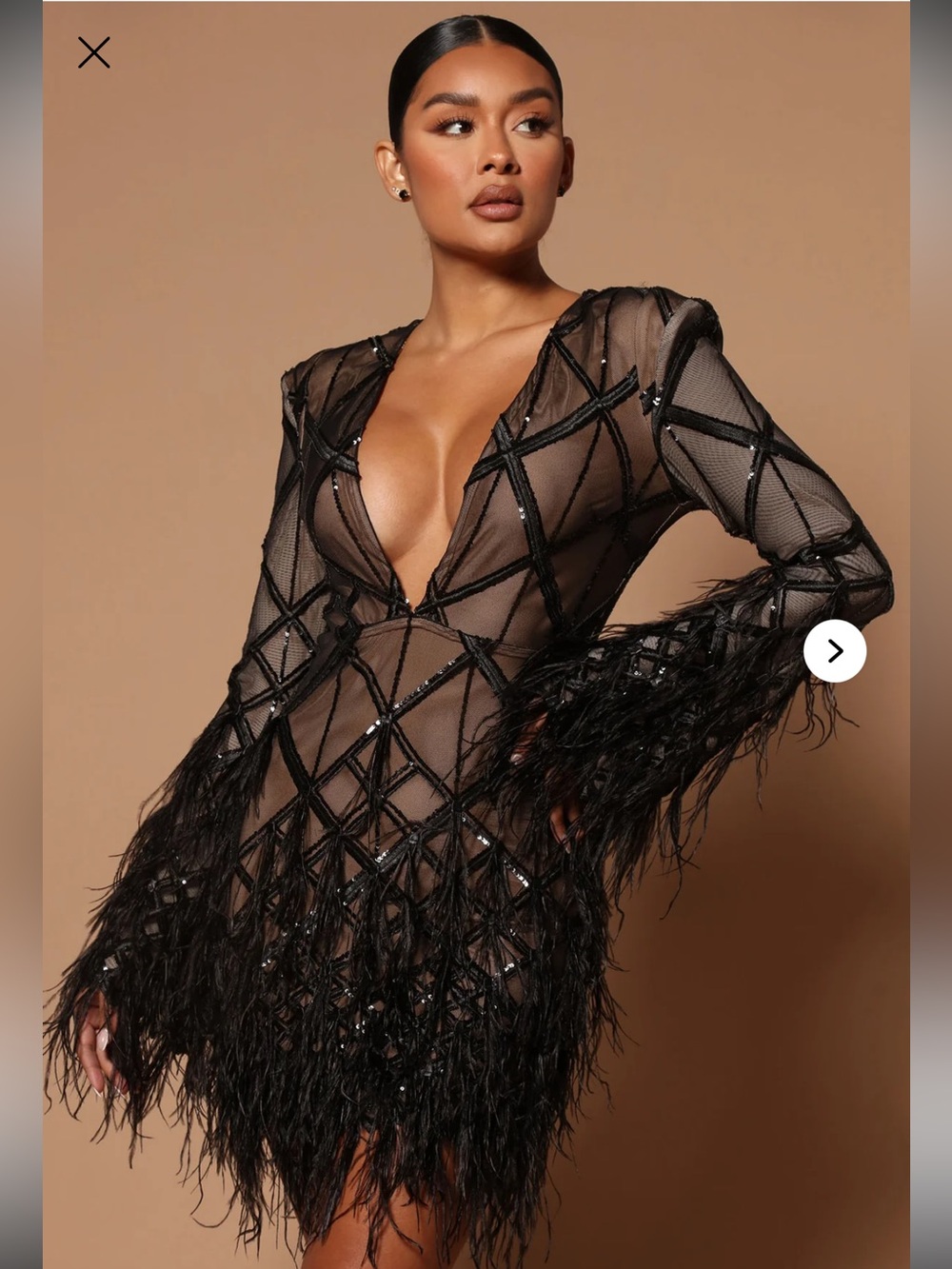 Fashion Nova Luxe Amber Deep V Embellished Feather Trim Mini Dress Black XS NWT